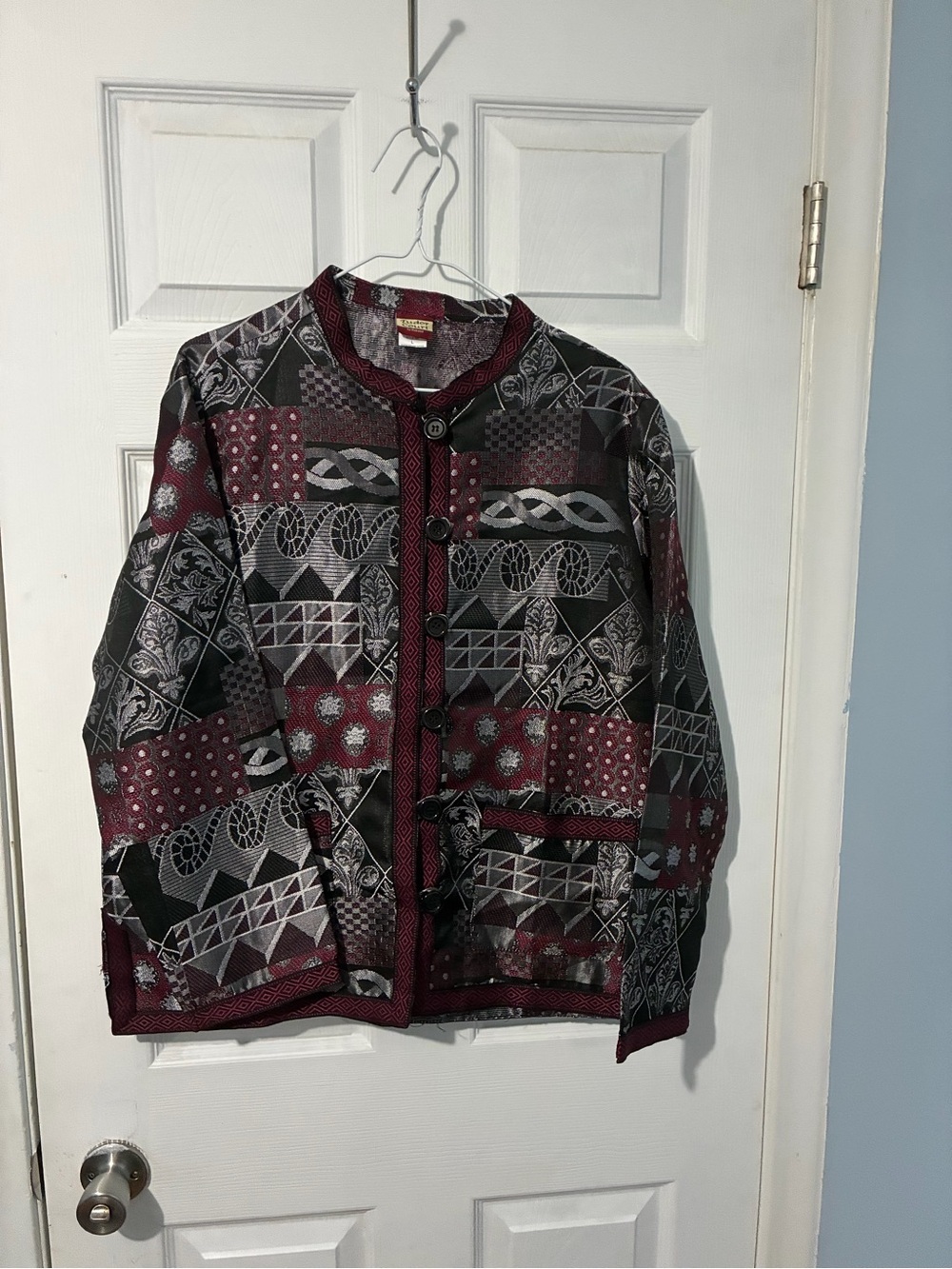 Haband Patchwork-Pattern Women's Blazer Jacket in Burgundy and Black